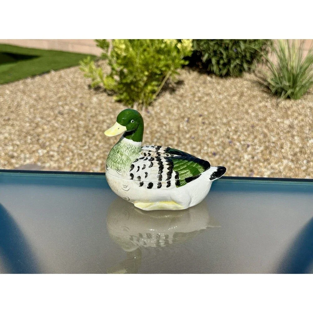 Vintage Porcelain Male Mallard Duck Figural Trinket Box/ Small Candy Dish  6” L